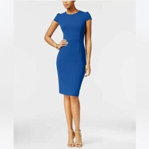 BETSEY JOHNSON Blue Cap Puff-Sleeve Scuba Crepe Sheath Dress Size 0
